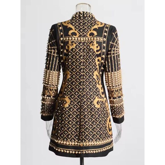 Women's fashion mock neck printed faux pearl beaded long sleeve size Large black - Picture 5 of 12